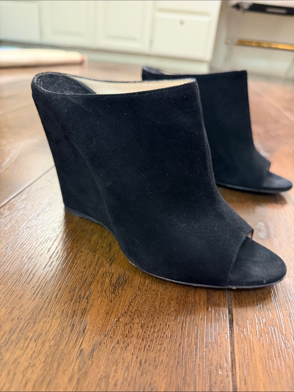 Prada - Women’s Black Suede Peep-Toe Wedge Bootie Mules Heel - Size: 38 - Picture 2 of 12
